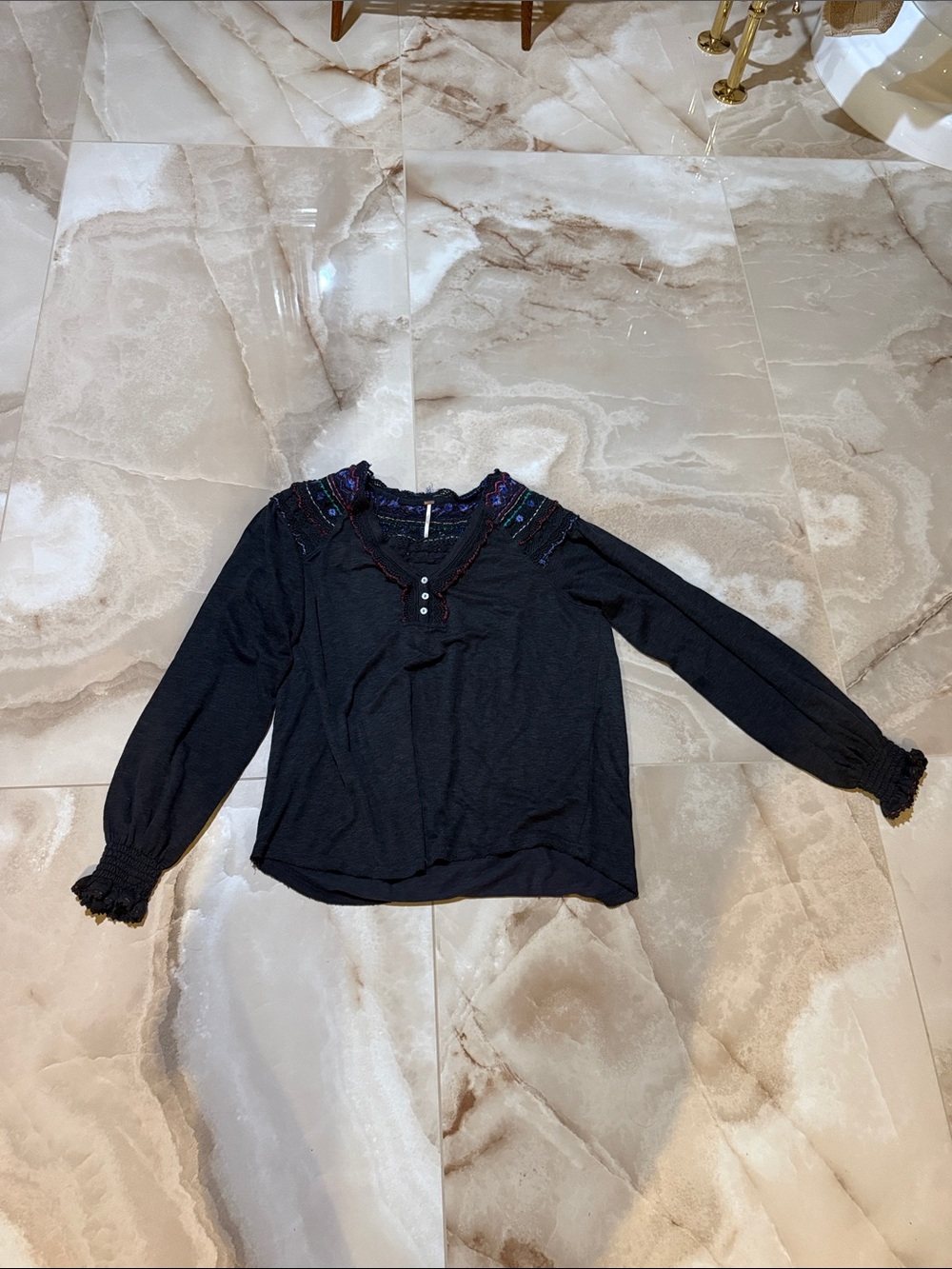 Free People Black Long-Sleeve Embroidered Yoke Top